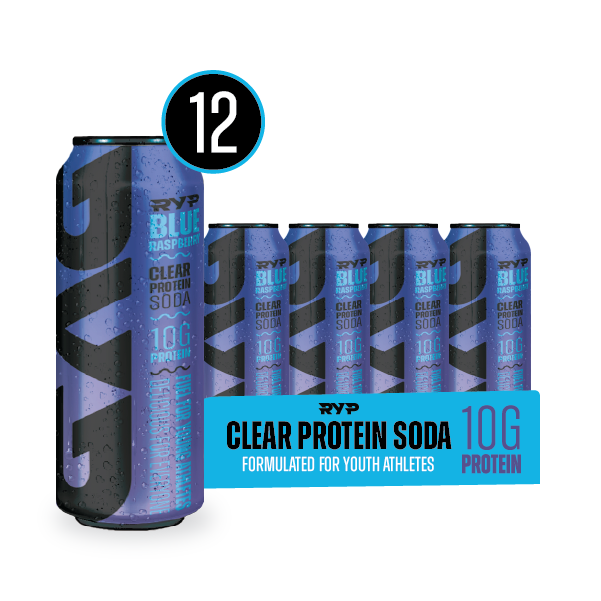 Packaging of RYP Blue Raspberry Clear Protein Soda with a 12-pack option on a white background.