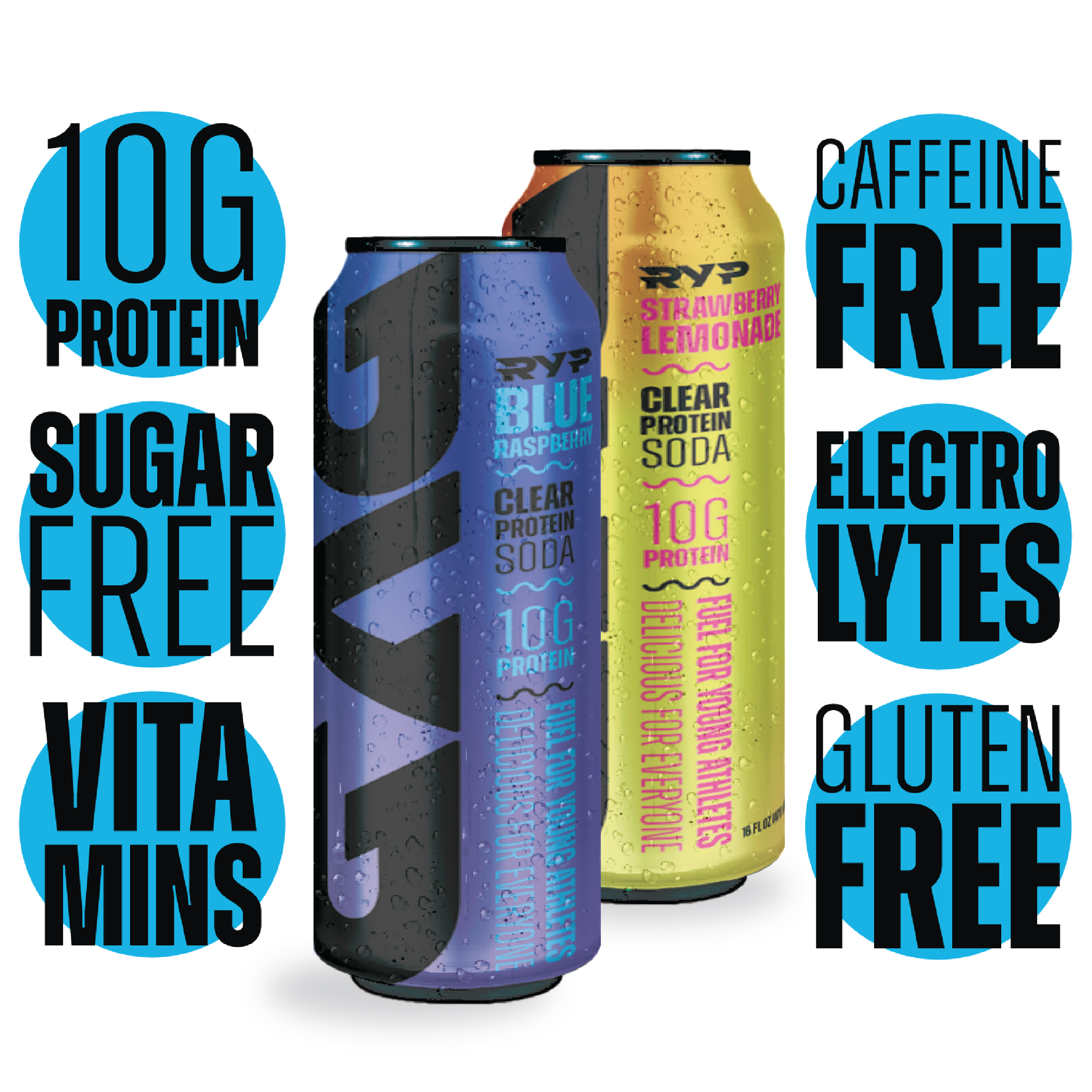 Two cans of RYP Clear Protein Soda with nutritional and health benefits text on a white background