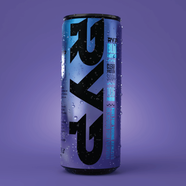 Blue Raspberry Clear protein soda can with black and blue branding on a purple background