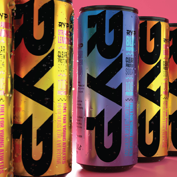 RYP brand energy drink cans with colorful labels on a pink background