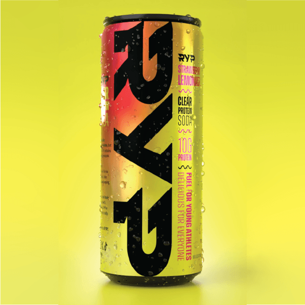 Strawberry lemonade clear protein soda can on a yellow background