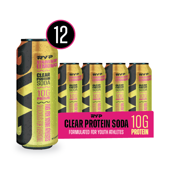 Packaging of RYP Strawberry Lemonade Clear Protein Soda with yellow and black design on a white background